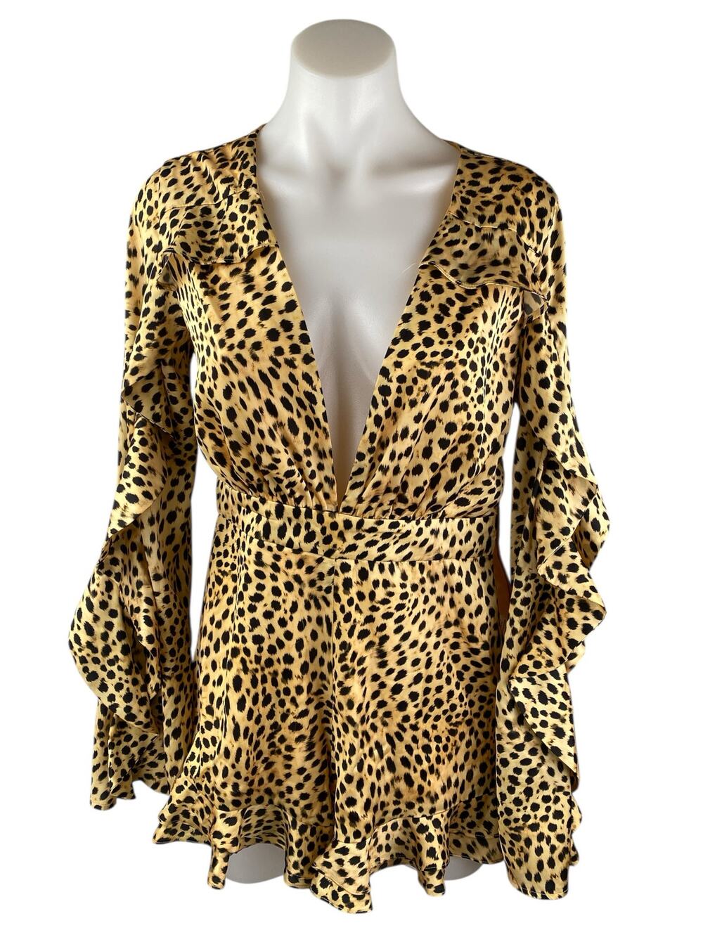 Majorelle Devon Cheetah Leopard V-neck Long-sleeve Ruffle Jumpsuit Romper Size S